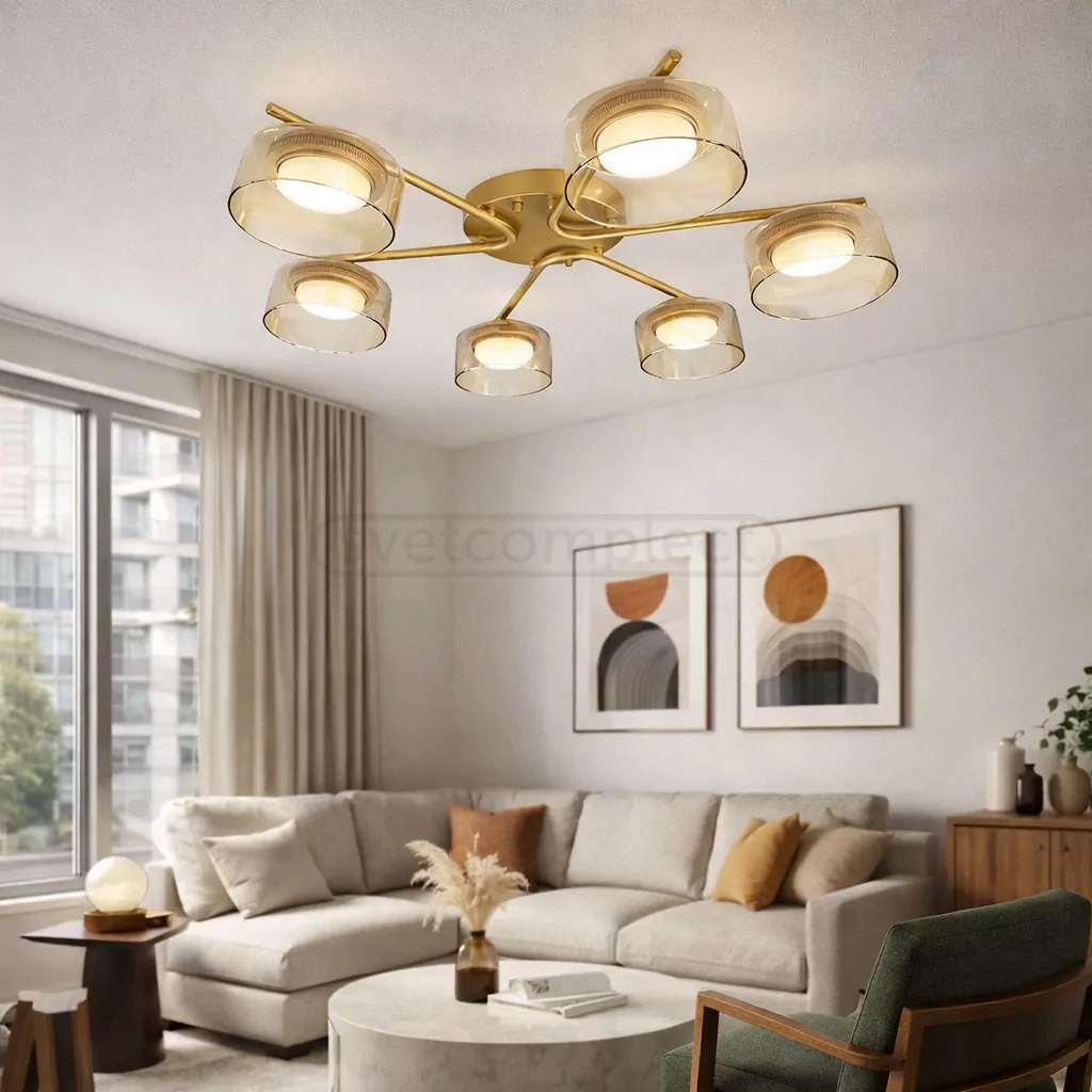 Люстра DUSHA MS228 - 6 x GX53. max.12W. 640х140mm, метал/скло, золото/бурштин, LIGHT SET