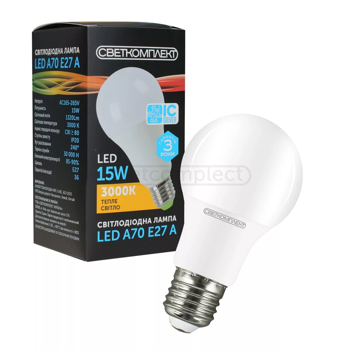 Лампа світлодіодна A70 E27 A 15W 3000K