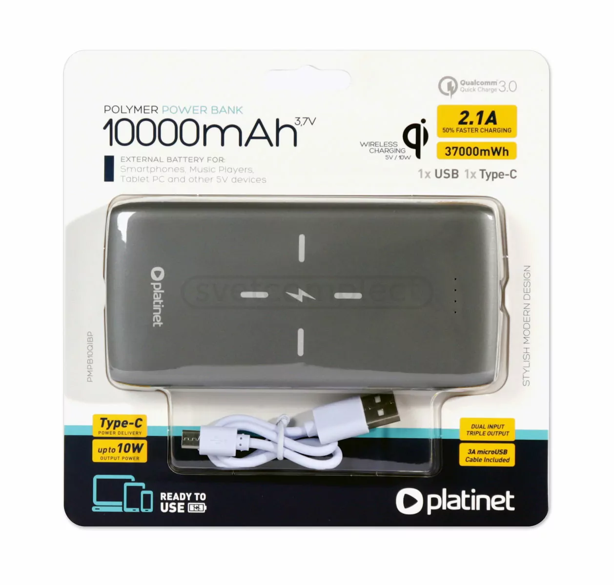 Внешний аккумулятор (Powerbank) 10QIBP 11000mAh с беспроводной зарядкой Qi, серый,  PLATINET Внешний аккумулятор (Powerbank) 10QIBP 11000mAh с беспроводной зарядкой Qi, серый,  PLATINET
