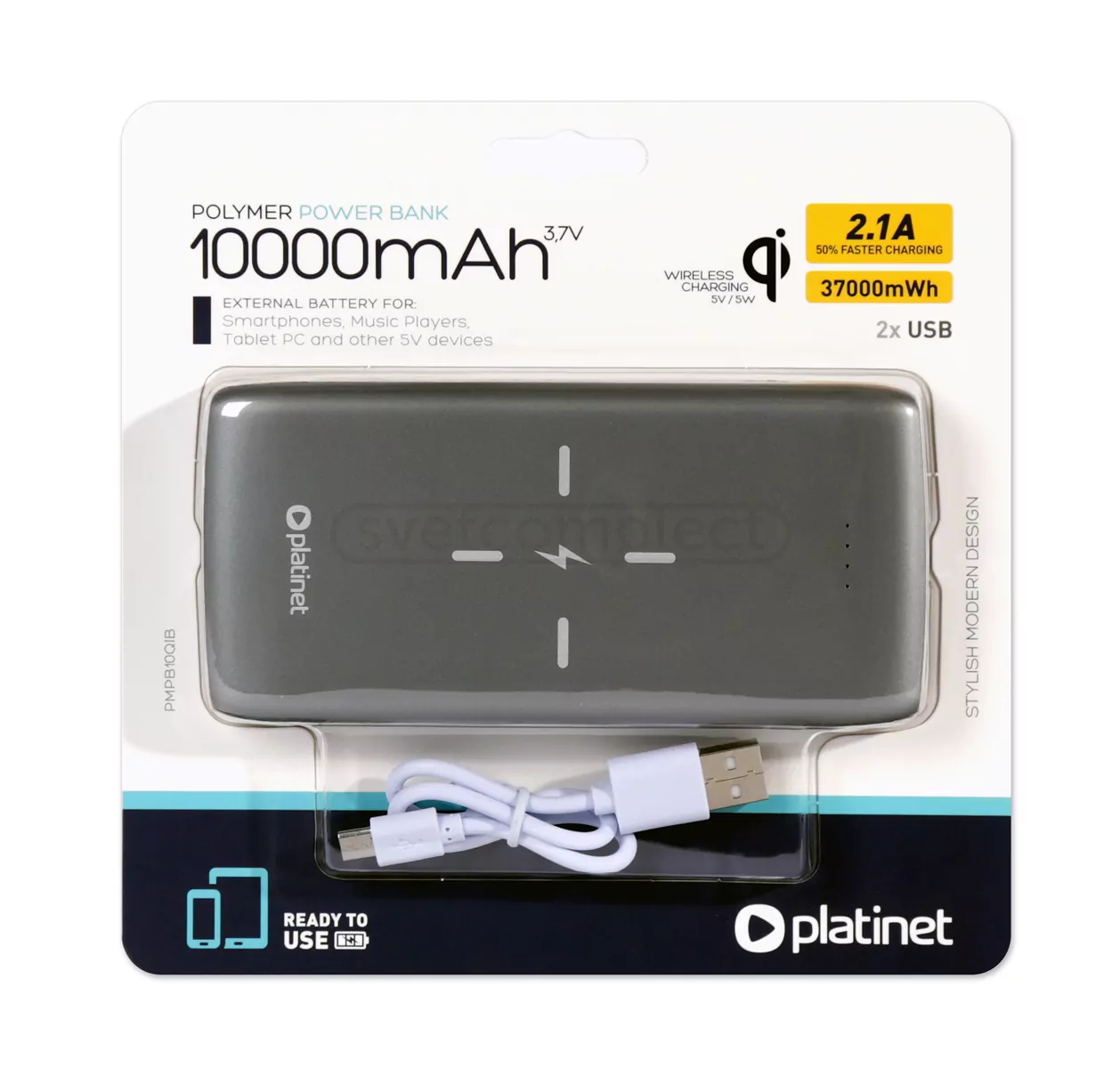 Зовнішній акумулятор (Powerbank) 10QIB 11000mAh з бездротовою зарядкою Qi, сірий,  PLATINET Зовнішній акумулятор (Powerbank) 10QIB 11000mAh з бездротовою зарядкою Qi, сірий,  PLATINET